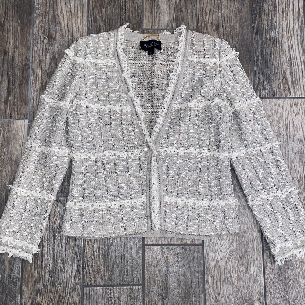 St John Couture Tweed Boucle Knit Blazer Fringe Jacket SIZE 6